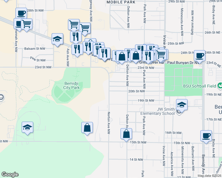 map of restaurants, bars, coffee shops, grocery stores, and more near 947 20th Street Northwest in Bemidji