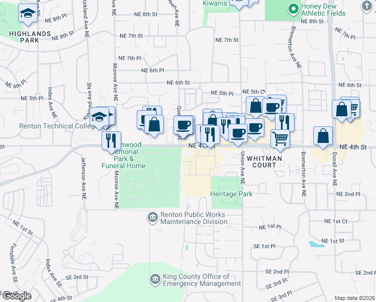map of restaurants, bars, coffee shops, grocery stores, and more near 3709 Northeast 4th Street in Renton