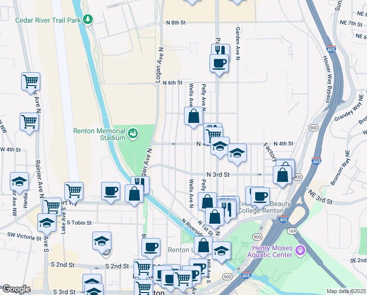 map of restaurants, bars, coffee shops, grocery stores, and more near 811 North 4th Street in Renton