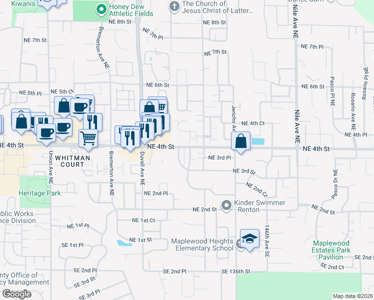 map of restaurants, bars, coffee shops, grocery stores, and more near 385 Graham Avenue Northeast in Renton