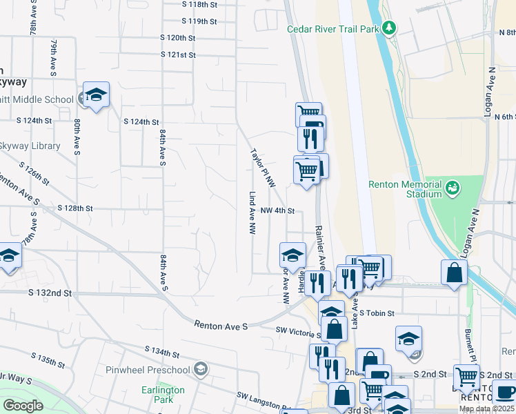 map of restaurants, bars, coffee shops, grocery stores, and more near 402 Lind Avenue Northwest in Renton