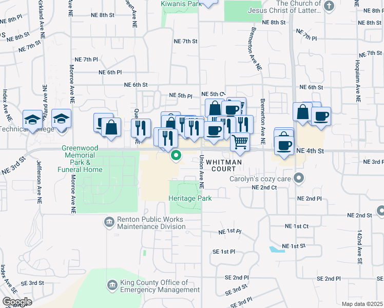 map of restaurants, bars, coffee shops, grocery stores, and more near 3929 Northeast 4th Street in Renton