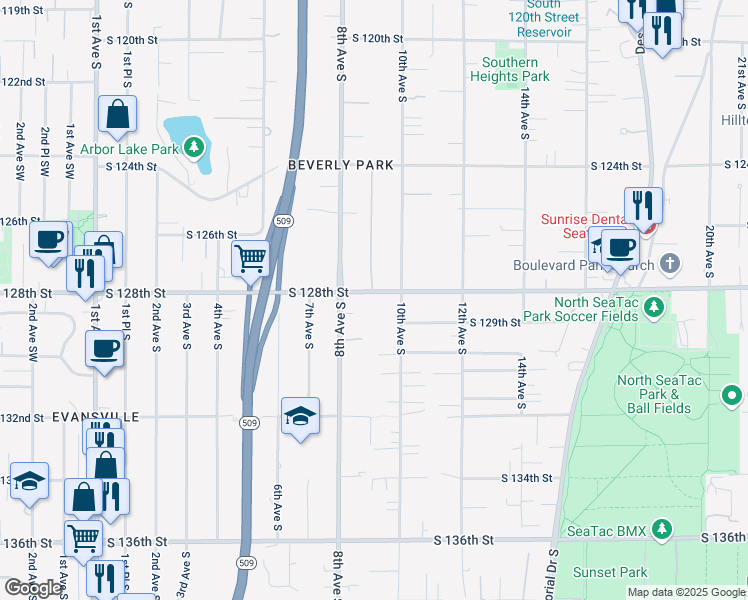 map of restaurants, bars, coffee shops, grocery stores, and more near 909 South 128th Street in Burien