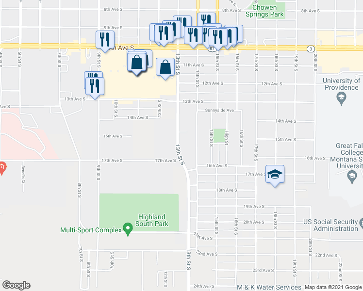 map of restaurants, bars, coffee shops, grocery stores, and more near 1413 13th Street South in Great Falls