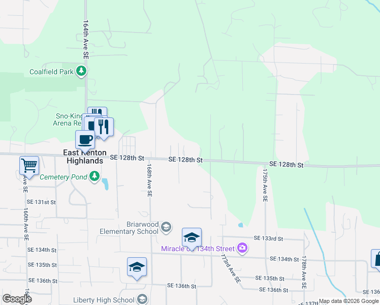 map of restaurants, bars, coffee shops, grocery stores, and more near 17012 Southeast 128th Street in Renton