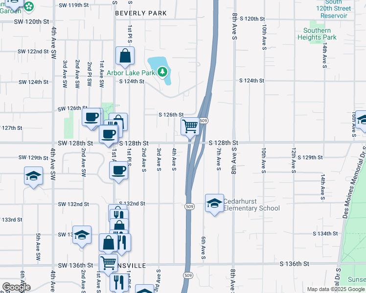 map of restaurants, bars, coffee shops, grocery stores, and more near 415 South 128th Street in Seattle