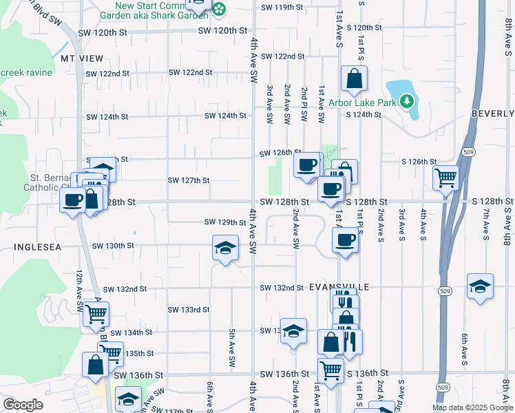 map of restaurants, bars, coffee shops, grocery stores, and more near 328 Southwest 128th Street in Seattle