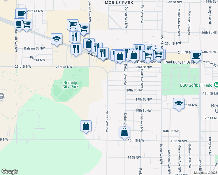 map of restaurants, bars, coffee shops, grocery stores, and more near 947 20th Street Northwest in Bemidji