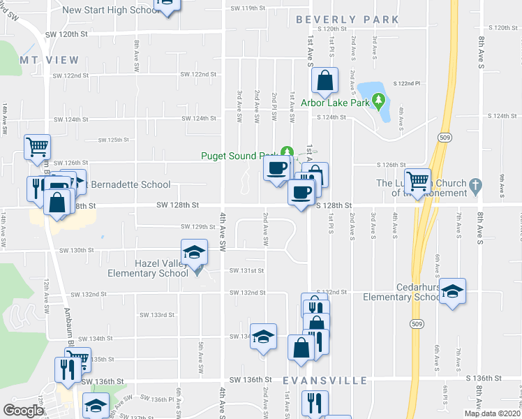 map of restaurants, bars, coffee shops, grocery stores, and more near 210 Southwest 129th Street in Burien