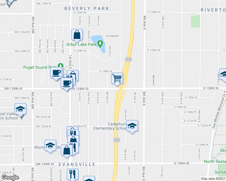 map of restaurants, bars, coffee shops, grocery stores, and more near 415 South 128th Street in Seattle