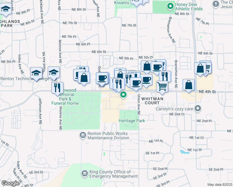 map of restaurants, bars, coffee shops, grocery stores, and more near 3805 Northeast 4th Street in Renton