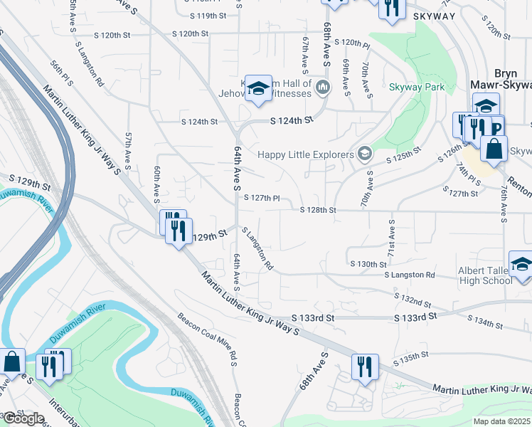 map of restaurants, bars, coffee shops, grocery stores, and more near 12803 66th Avenue South in Seattle