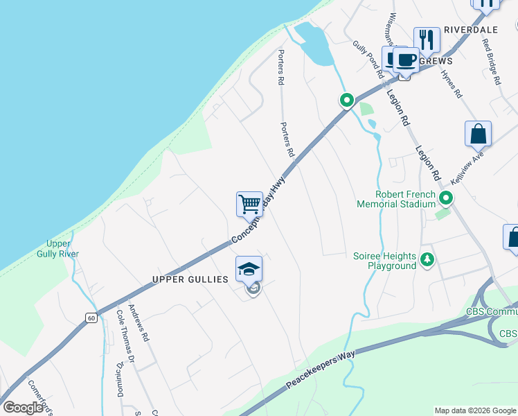 map of restaurants, bars, coffee shops, grocery stores, and more near 10 Forest Road in Conception Bay South