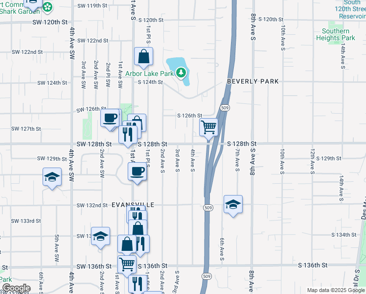 map of restaurants, bars, coffee shops, grocery stores, and more near 309 South 128th Street in Burien