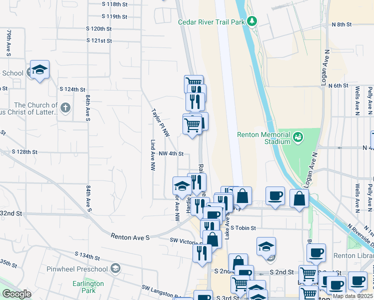 map of restaurants, bars, coffee shops, grocery stores, and more near 401 Rainier Avenue South in Renton