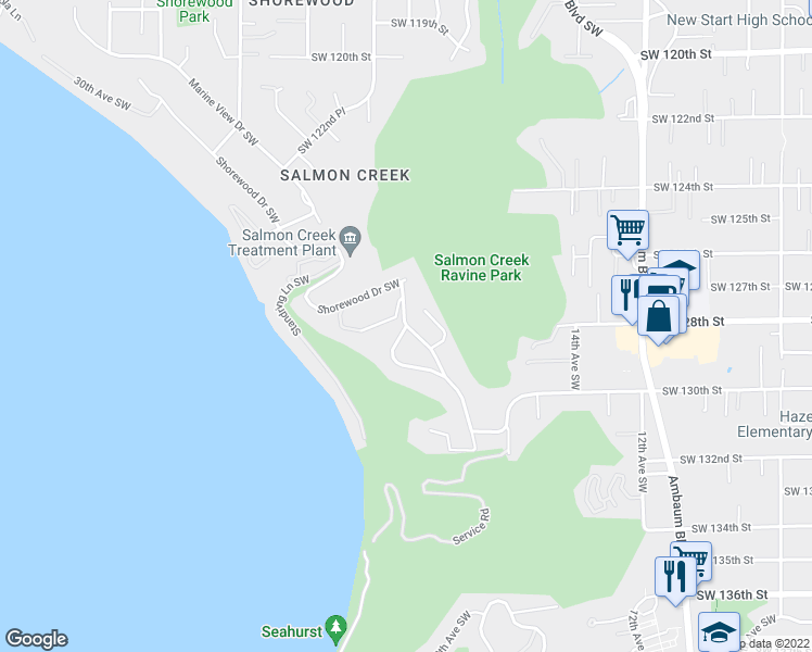 map of restaurants, bars, coffee shops, grocery stores, and more near 9845 Shorecrest Drive Southwest in Seattle
