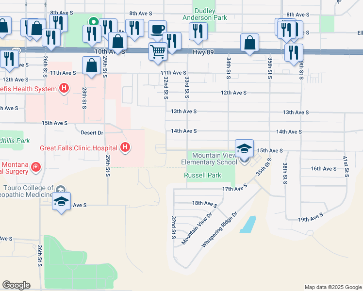 map of restaurants, bars, coffee shops, grocery stores, and more near 3213 15th Avenue South in Great Falls