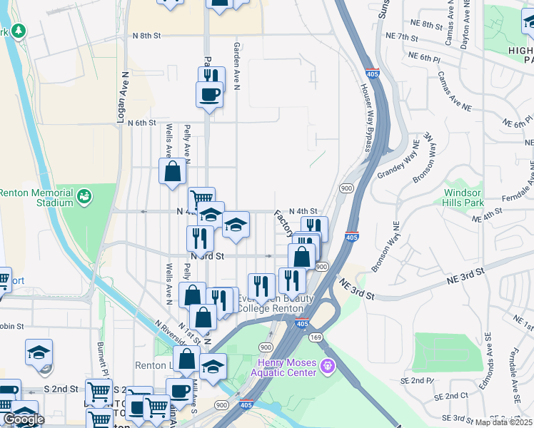 map of restaurants, bars, coffee shops, grocery stores, and more near 358 Meadow Avenue North in Renton