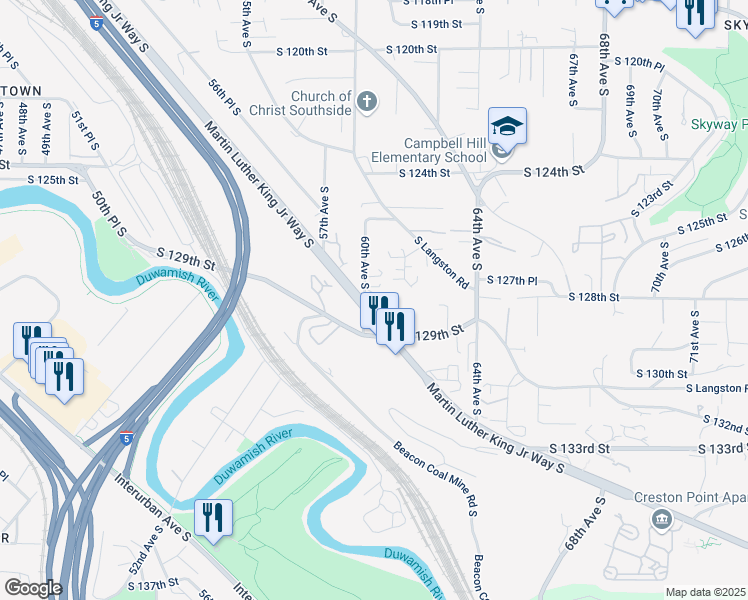 map of restaurants, bars, coffee shops, grocery stores, and more near 12806 60th Lane South in Seattle