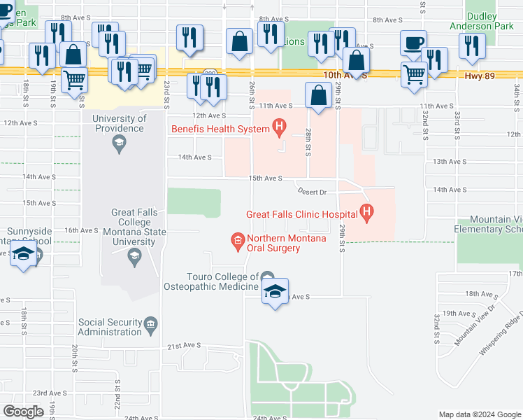 map of restaurants, bars, coffee shops, grocery stores, and more near 2605 16th Avenue South in Great Falls