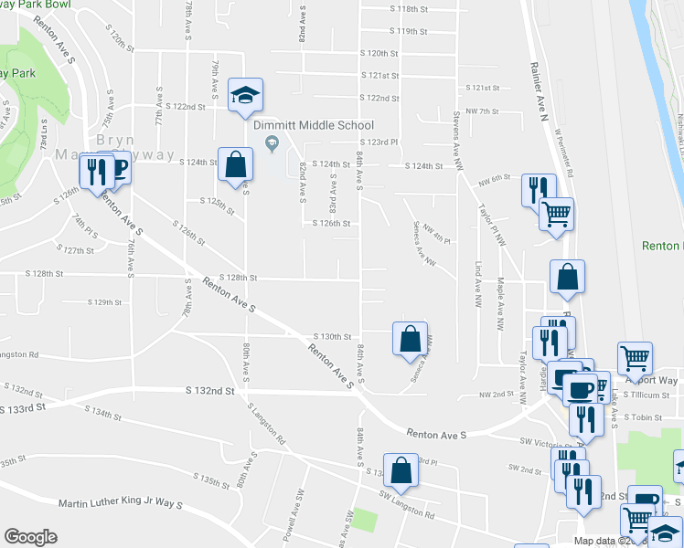 map of restaurants, bars, coffee shops, grocery stores, and more near 8242 South 128th Street in Seattle