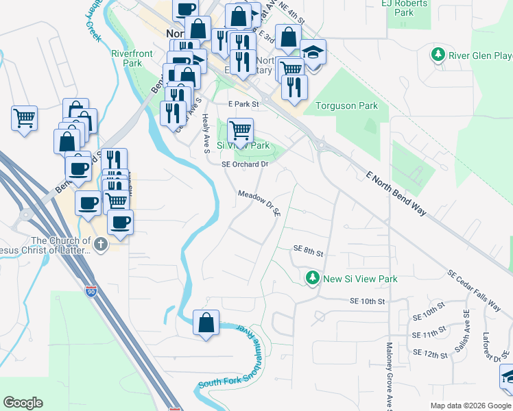 map of restaurants, bars, coffee shops, grocery stores, and more near 447 Meadow Drive Southeast in North Bend