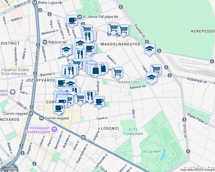 map of restaurants, bars, coffee shops, grocery stores, and more near 103 Baross Street in Budapest