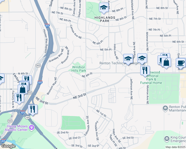 map of restaurants, bars, coffee shops, grocery stores, and more near 2517 Northeast 4th Street in Renton