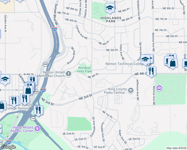 map of restaurants, bars, coffee shops, grocery stores, and more near 401 Edmonds Avenue Northeast in Renton