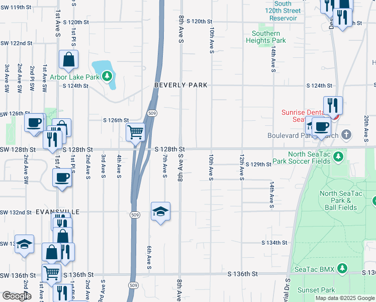 map of restaurants, bars, coffee shops, grocery stores, and more near 909 South 128th Street in Burien