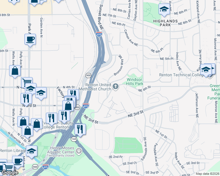 map of restaurants, bars, coffee shops, grocery stores, and more near 408 Windsor Way Northeast in Renton