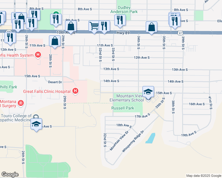 map of restaurants, bars, coffee shops, grocery stores, and more near 3213 15th Avenue South in Great Falls