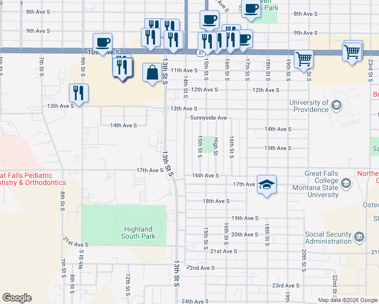 map of restaurants, bars, coffee shops, grocery stores, and more near 1417 14th St S in Great Falls