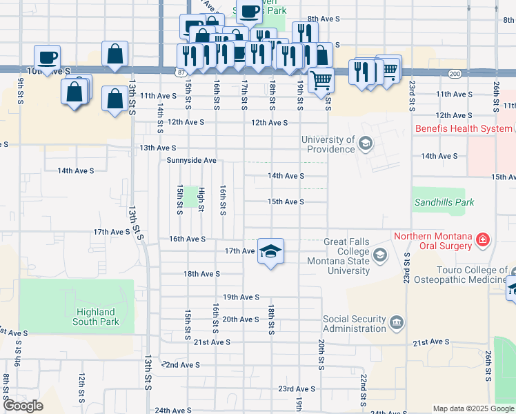 map of restaurants, bars, coffee shops, grocery stores, and more near 1712 15th Avenue South in Great Falls