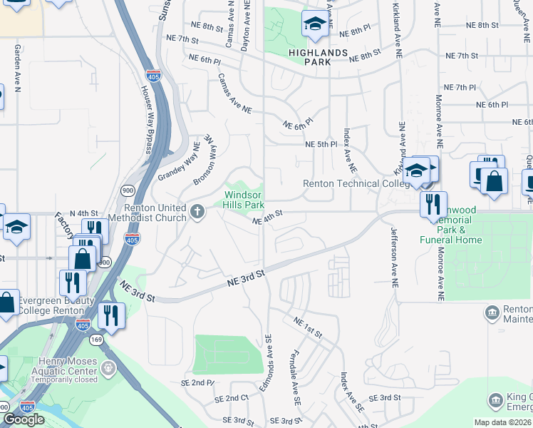 map of restaurants, bars, coffee shops, grocery stores, and more near 401 Edmonds Avenue Northeast in Renton