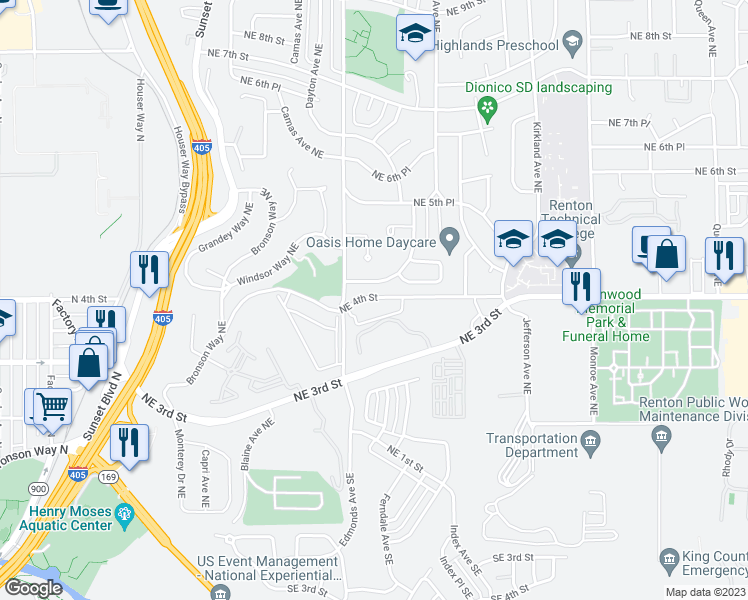 map of restaurants, bars, coffee shops, grocery stores, and more near 2517 Northeast 4th Street in Renton