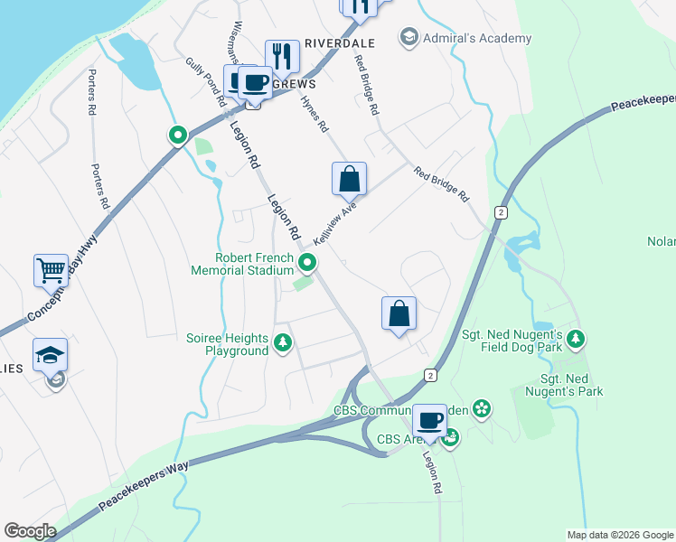 map of restaurants, bars, coffee shops, grocery stores, and more near 21 Franks Road in Conception Bay South
