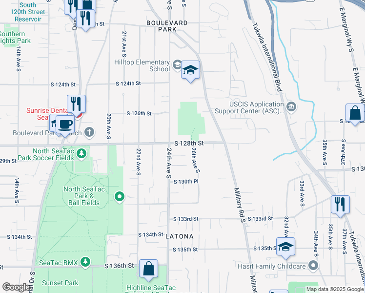 map of restaurants, bars, coffee shops, grocery stores, and more near 2429 South 128th Street in SeaTac
