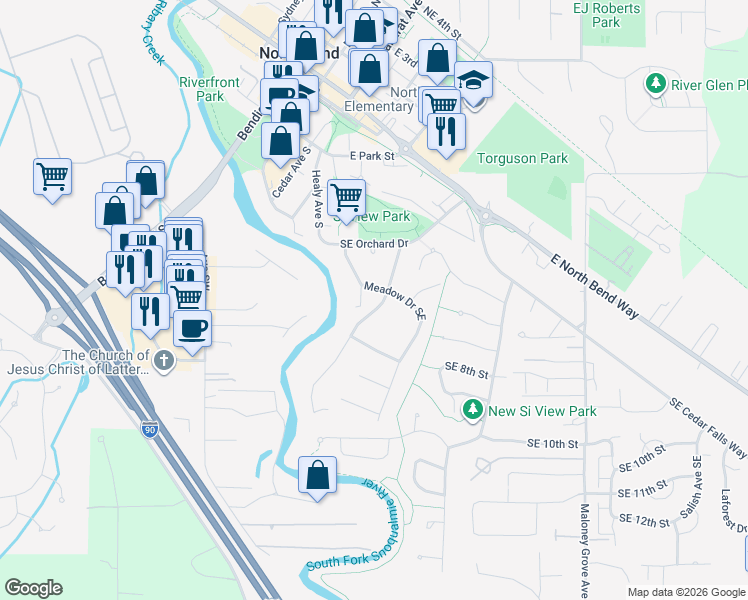 map of restaurants, bars, coffee shops, grocery stores, and more near 447 Meadow Dr SE in North Bend