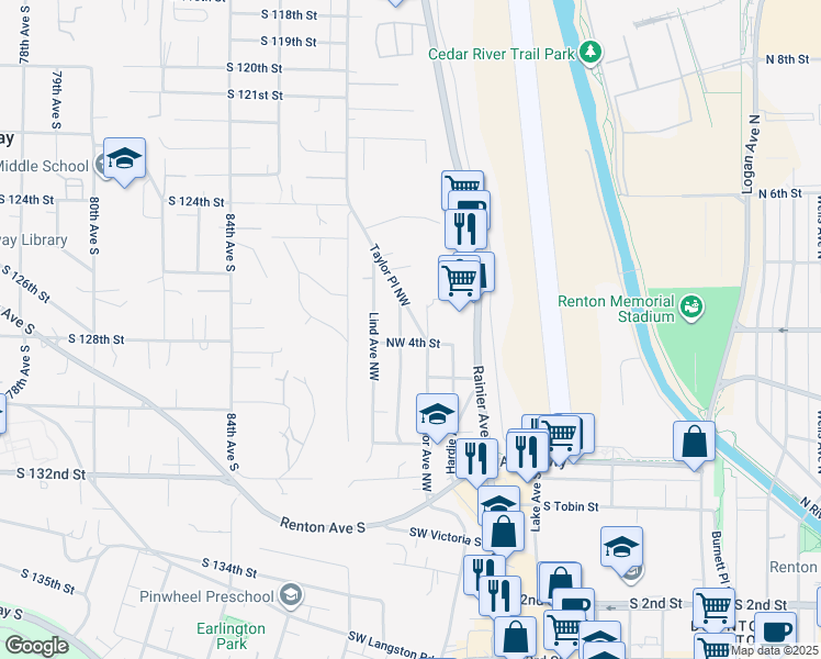 map of restaurants, bars, coffee shops, grocery stores, and more near 404 Taylor Avenue Northwest in Renton