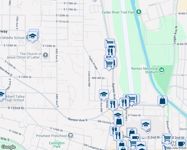 map of restaurants, bars, coffee shops, grocery stores, and more near 404 Lind Avenue Northwest in Renton