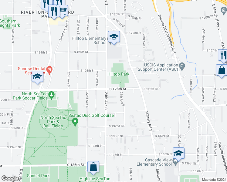 map of restaurants, bars, coffee shops, grocery stores, and more near 2429 South 128th Street in SeaTac