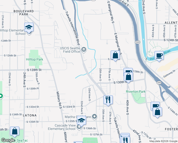 map of restaurants, bars, coffee shops, grocery stores, and more near 12803 34th Avenue South in Tukwila