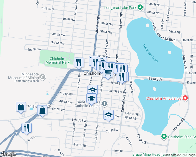 map of restaurants, bars, coffee shops, grocery stores, and more near 212 1st St SW in Chisholm