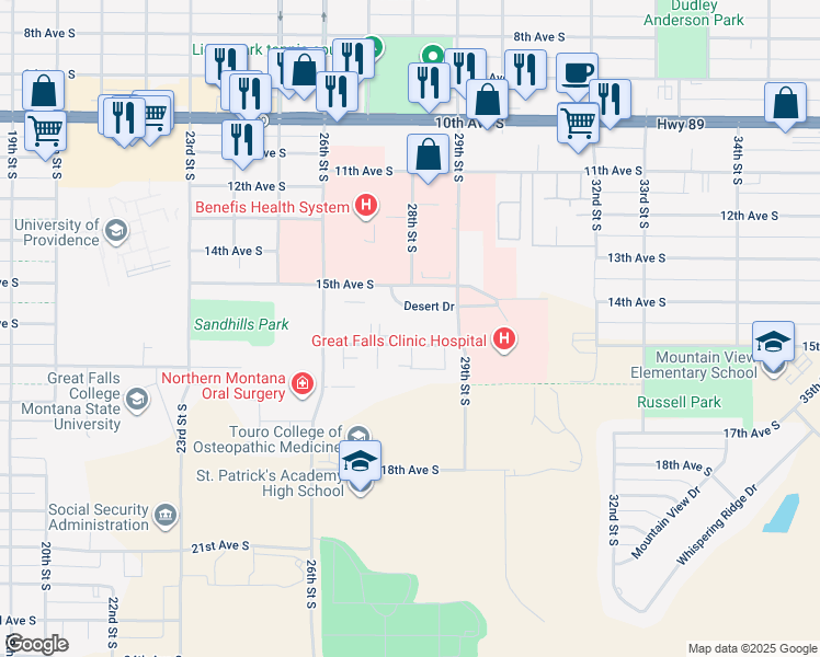 map of restaurants, bars, coffee shops, grocery stores, and more near 2821 16th Avenue South in Great Falls