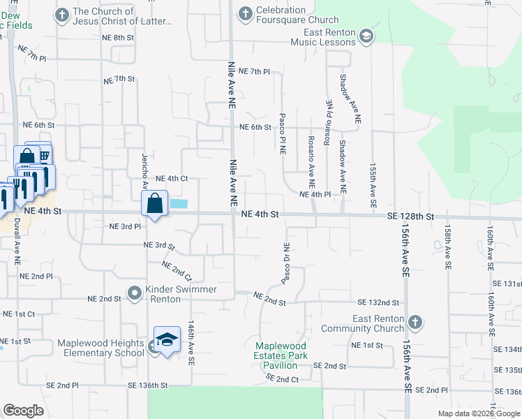 map of restaurants, bars, coffee shops, grocery stores, and more near 402 Nile Place Northeast in Renton