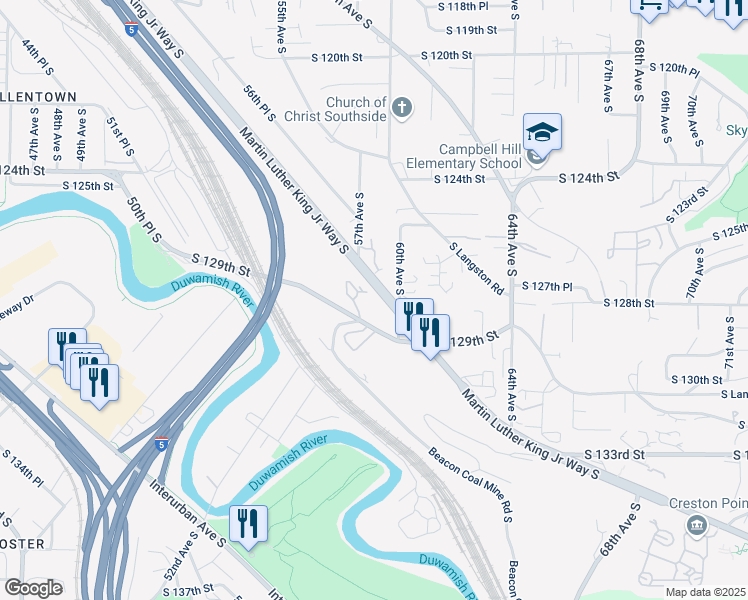 map of restaurants, bars, coffee shops, grocery stores, and more near 12805 Martin Luther King Junior Way South in Seattle