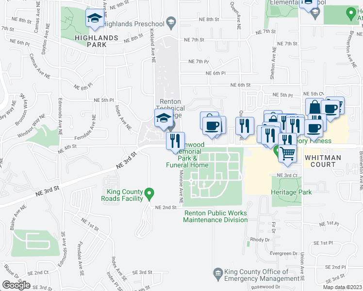 map of restaurants, bars, coffee shops, grocery stores, and more near NE 4th St & Monroe Ave NE in Renton
