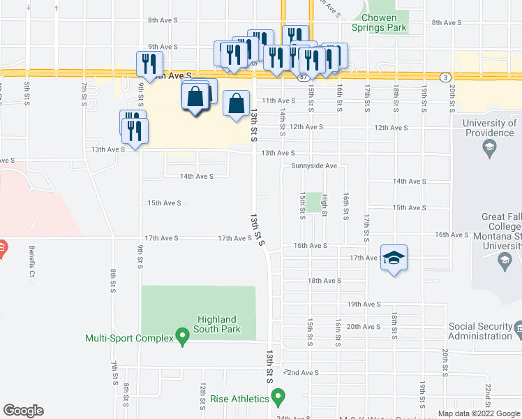 map of restaurants, bars, coffee shops, grocery stores, and more near 1413 13th Street South in Great Falls