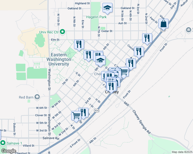 map of restaurants, bars, coffee shops, grocery stores, and more near 323 5th Street in Cheney